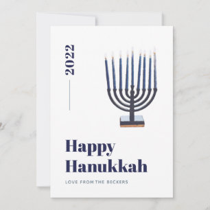Blauwe minimalistische Waterverf Menorah Candle Ha Feestdagenkaart