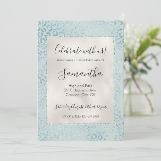 Blauwe Mint Luipaardprint Glitter Kaart (Staand voorkant)