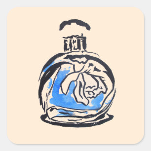 Blauwe mode illustratie parfumefles vierkante sticker