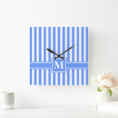 Blauwe Moderne Stripe met Monogram Vierkante Klok (Huis)