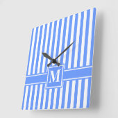 Blauwe Moderne Stripe met Monogram Vierkante Klok (Hoek)