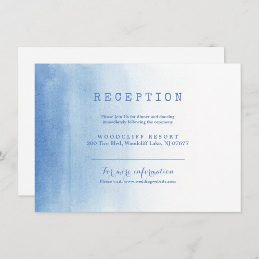 Blauwe moderne waterverf strand bruiloft receptie kaart (Voorkant / Achterkant)