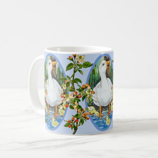 Blauwe Moeder Duck & Ducklings Spring Apple Blosso Koffiemok (Voorkant links)