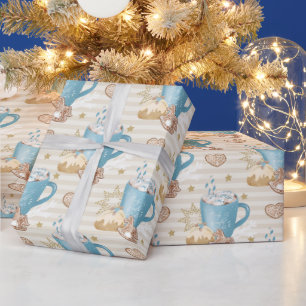 Blauwe mok & gemberkoek patroon cadeaupapier