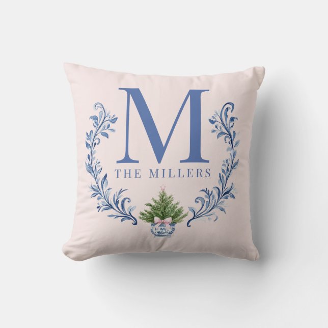 Blauwe Monogram Crest met kerstboom Kussen (Voorkant)
