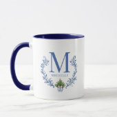Blauwe Monogram Crest met kerstboom Mok (Links)