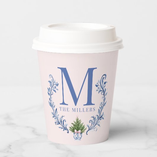 Blauwe Monogram Crest met kerstboom Papieren Bekers (Voorkant)