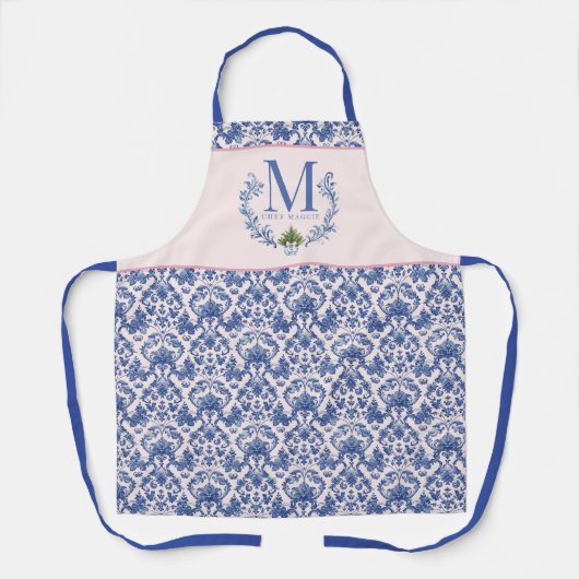 Blauwe Monogram Crest met kerstboom Schort (Voorkant)