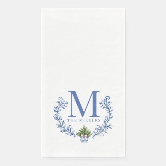 Blauwe Monogram Crest met kerstboom Servet (Voorkant)