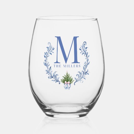 Blauwe Monogram Crest met kerstboom Wijnglas Zonder Voet (Voorkant)