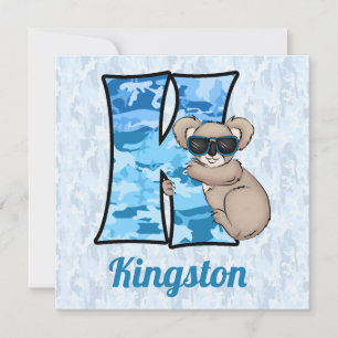 Blauwe monogram K Kind Birthday Party Kaart