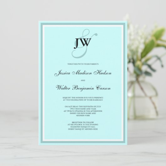 Blauwe Monogramuitnodiging Kaart (Staand voorkant)