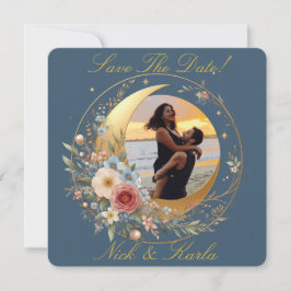 Blauwe Moonflower Bewaar de datum Foto Aankondigin Kaart