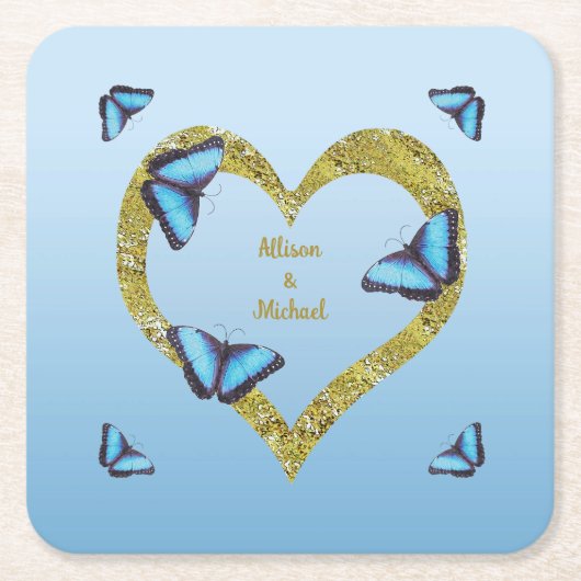 Blauwe morfovlinder met gouden hart vierkante kartonnen onderzetter (Voorkant)