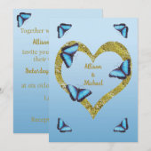 Blauwe morfovlinder met gouden hartbruiloft kaart (Voorkant / Achterkant)