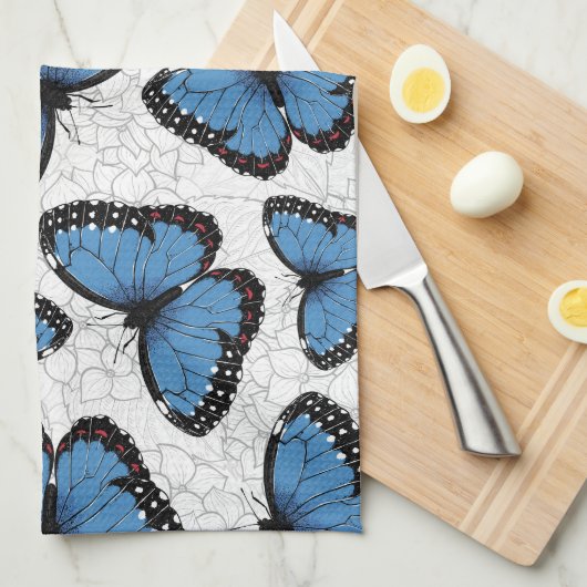 Blauwe morfovlinder theedoek (Quarter Fold)