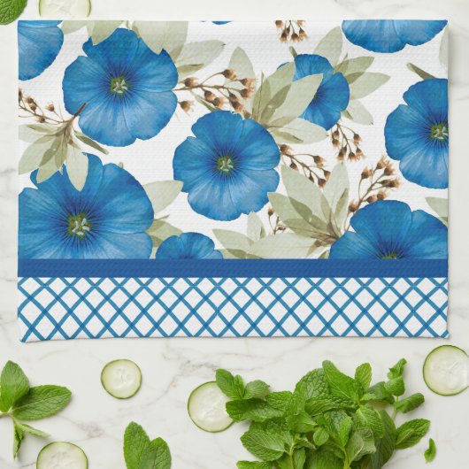 Blauwe Morning Glories en Lattice Werk Theedoek (Gevouwen)