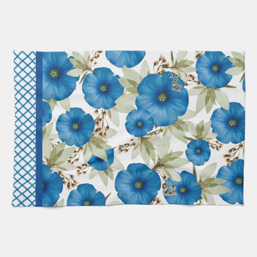 Blauwe Morning Glories en Lattice Werk Theedoek (Horizontaal)