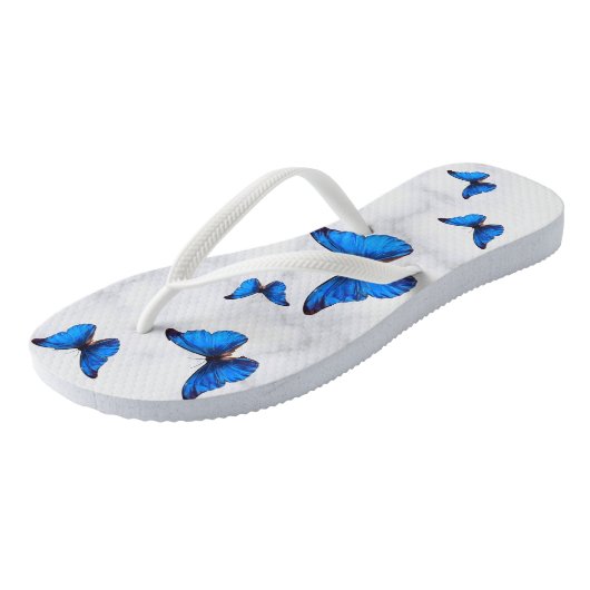 Blauwe Morpho Butterflies in vlucht gemarmerd Teenslippers (Schuin)