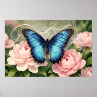 Blauwe Morpho Vlinder Bloemige Botanische Kunst Po