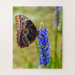Blauwe morpho vlinder op een moeras orchidee legpuzzel