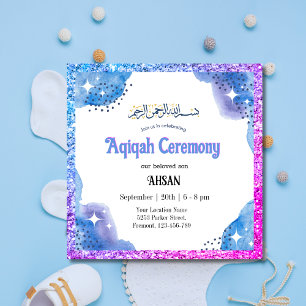 Blauwe Moslim Baby Aqeeqah- Aqiqah- Uitnodiging
