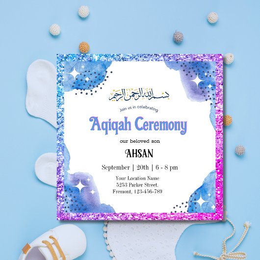Blauwe Moslim Baby Aqeeqah- Aqiqah- Uitnodiging