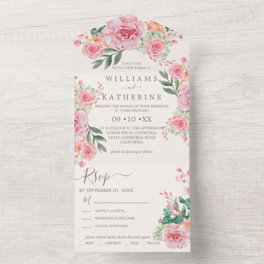 Blauwe mosterd bleekroze en perforatie all in one uitnodiging (Binnen)