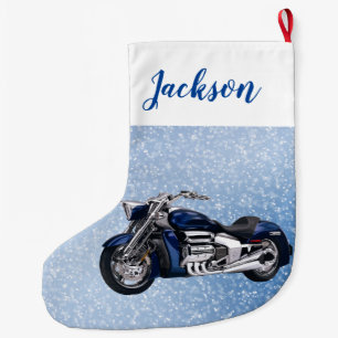 Blauwe motorfiets en sneeuw grote kerstsok