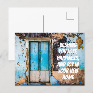 Blauwe muur & deur nieuwe thuis felicitaties kaart