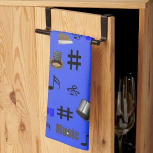 Blauwe muzieknoten en instrumenten, theedoek