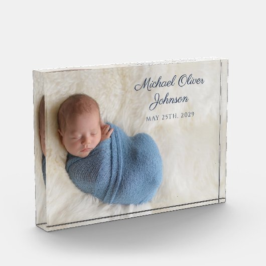 Blauwe naam Birth Date Script Baby Photo Block Fotoblokken (Links)