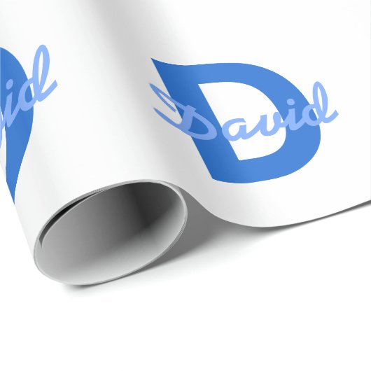 Blauwe naam en monogram cadeaupapier (Rol Hoek)