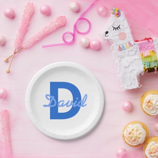 Blauwe naam en monogram papieren bordje (Feest)