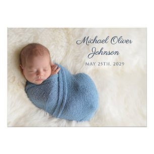 Blauwe Naam Geboortedatum Script Baby Foto Afdruk
