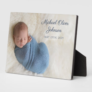 Blauwe Naam Geboortedatum Script Baby Foto Fotoplaat
