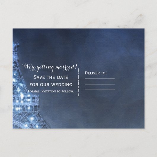 Blauwe Nacht in Parijs Eiffeltoren Save the Date Aankondigingskaart (Achterkant)