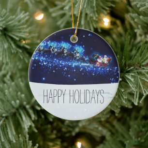 Blauwe nacht met kerstman, rendier en slee keramisch ornament