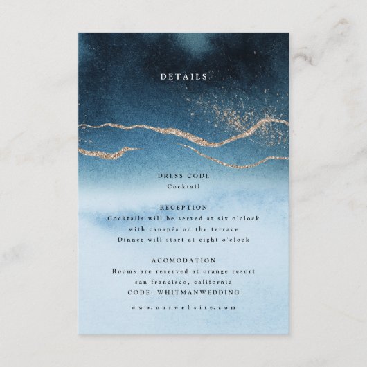 Blauwe Nacht Waterverf Landschap Bruiloft Details Informatiekaartje (Voorkant)