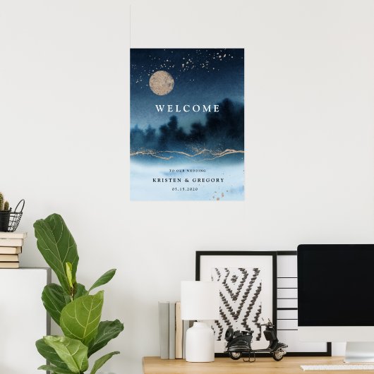 Blauwe Nacht Waterverf Landschap Bruiloft Welkom Poster (Thuiskantoor)