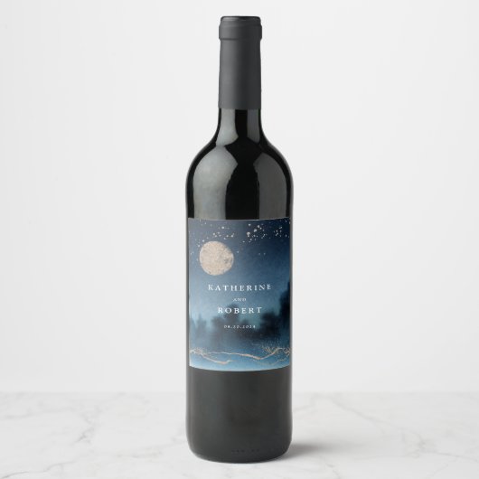 Blauwe Nacht Waterverf Landschap Bruiloft Wijn Lab Wijn Etiket (Voorkant)