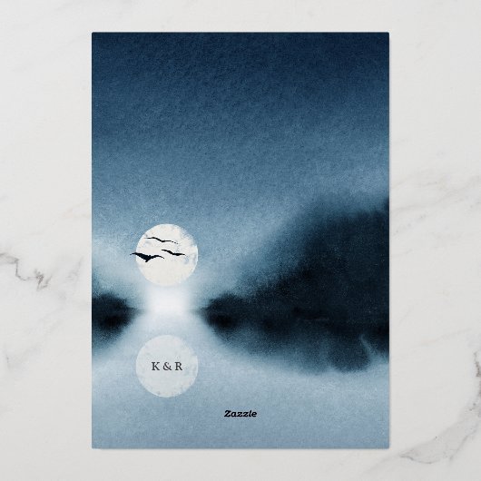 Blauwe Nacht Waterverf Landschapsbruiloft Folie Uitnodiging (Achterkant)