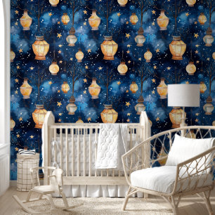Blauwe nachtelijke hemel oranje lampen behang