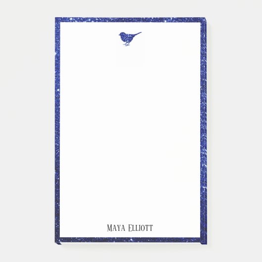 Blauwe namaak glitters vogel & rand op wit post-it® notes (Voorkant)