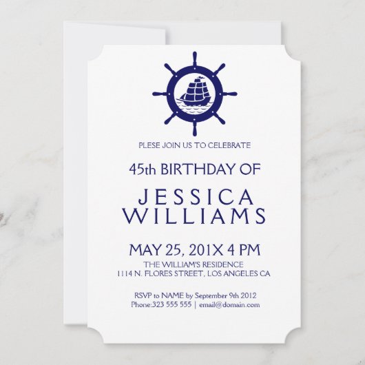 Blauwe Nautical Boat Wheel Birthday Party nodigt u Kaart (Voorkant)