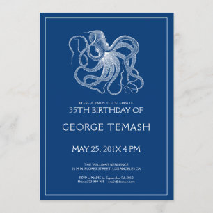 Blauwe nautische octopus Birthday, uitnodiging