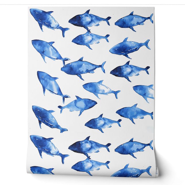 Blauwe nautische vis Waterverf Behang (Afrollen)