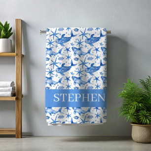 Blauwe nautische vis zeester gepersonaliseerd strandlaken