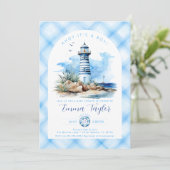 Blauwe Nautische Vuurtoren Jongens Baby Shower Kaart (Staand voorkant)