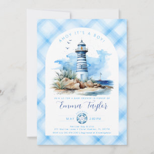 Blauwe Nautische Vuurtoren Jongens Baby Shower Kaart